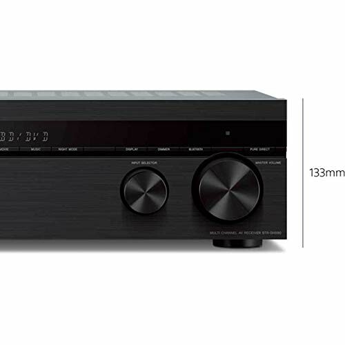 Black audio receiver with knobs and display, 133mm height