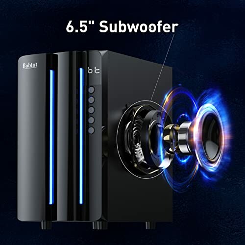 Bluetooth speaker with 6.5-inch subwoofer and blue LED lights.