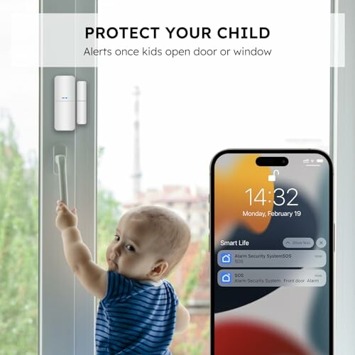 Child near window with smartphone security alert.