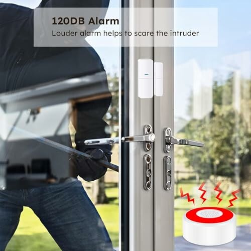 Security alarm system on door with intruder outside.