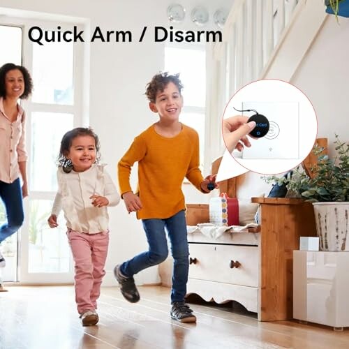 Family entering home with quick arm disarm feature.