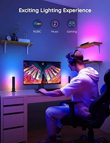 Person gaming at a desk with RGB lighting and headphones.