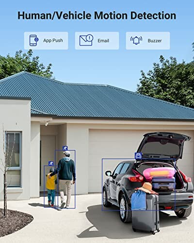 Home with motion detection showing people and car with luggage.