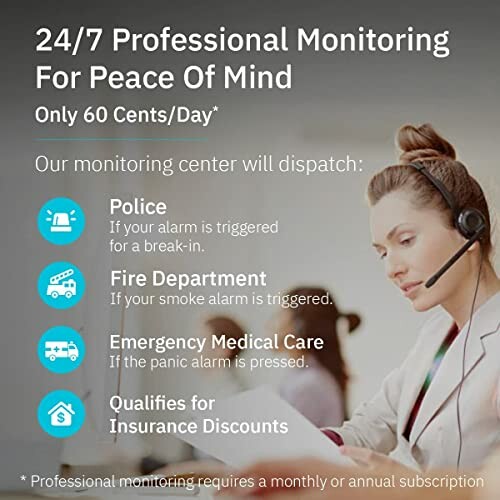 24/7 professional monitoring service with police, fire, and medical dispatch.