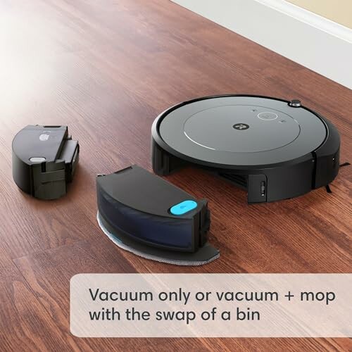 Robot vacuum with interchangeable parts for vacuuming and mopping on a wooden floor.