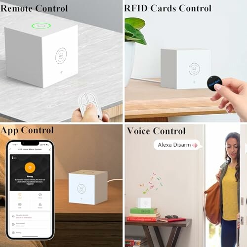 Smart home device with remote, RFID, app, and voice control options.