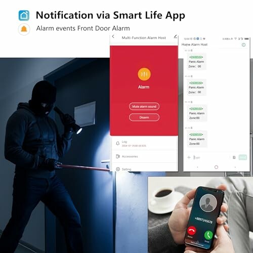 Smart home security app showing notifications and alarm alerts.