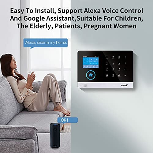 Woman using voice control with smart home security system.