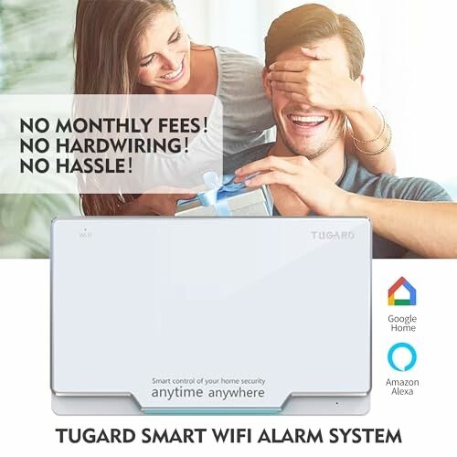 Couple using Tugard Smart WiFi Alarm System with Google Home and Amazon Alexa compatibility.