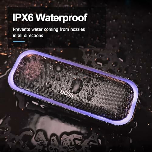 Waterproof Bluetooth speaker with IPX6 rating and water droplets.