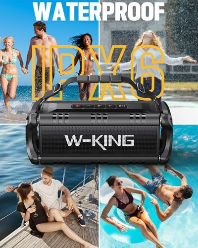 Waterproof IPX6 speaker by W-KING with people enjoying pool and beach activities.