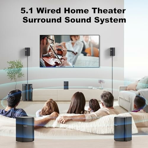 Family enjoying a 5.1 wired home theater surround sound system in a living room.