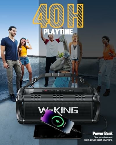 W-KING wireless speaker with 40-hour playtime and power bank feature, people enjoying music outdoors.